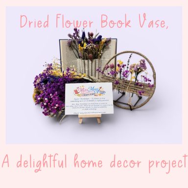 A dried flower book vase with purple flowers, showcased as a home decor project.